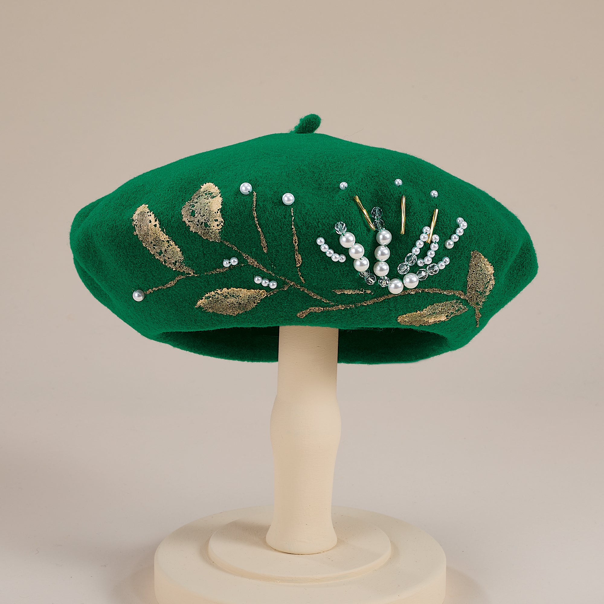 Aurélie Hand-Painted Green Italian Wool Beret | Uno Alla Volta