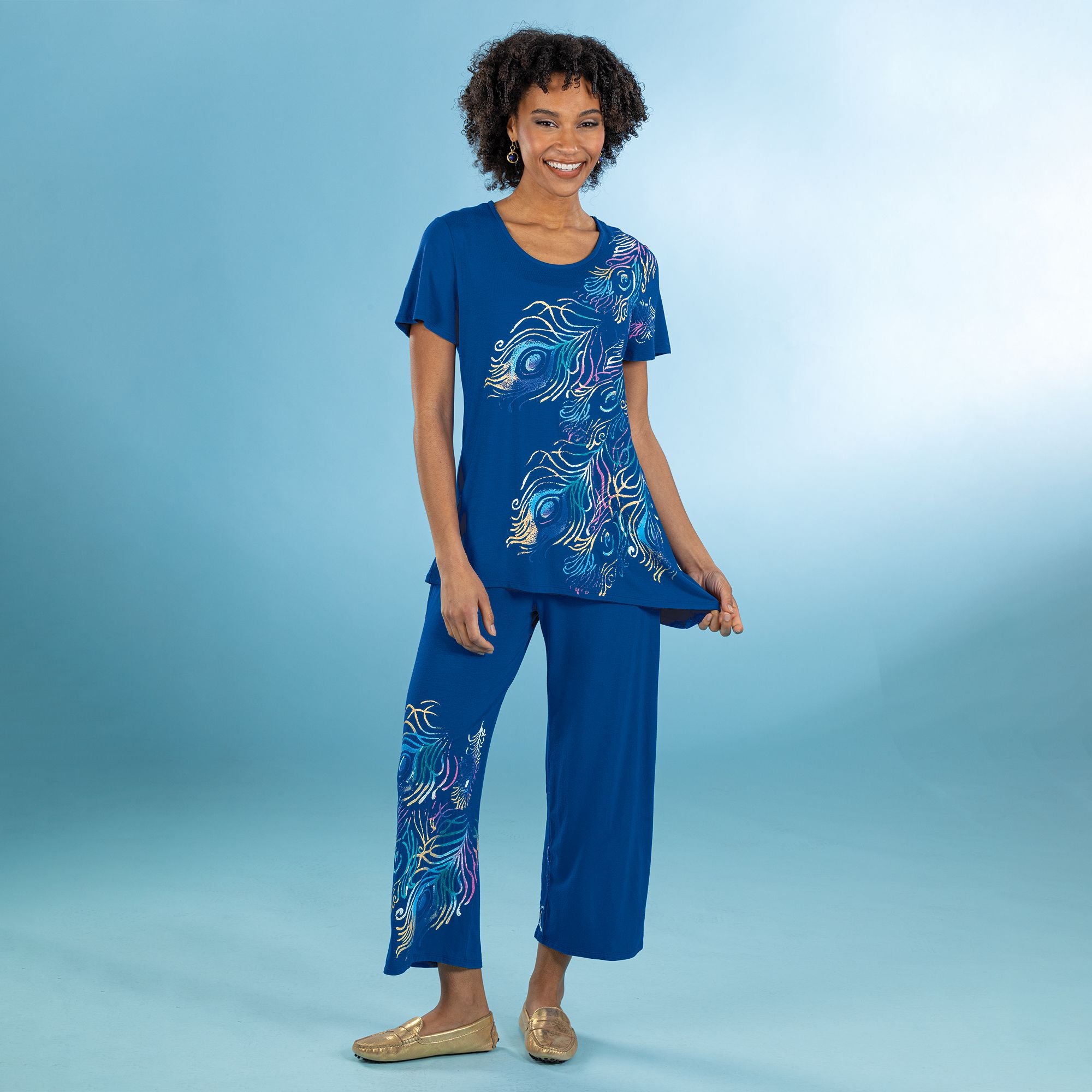 Peacock Print Button Up Blouse and Pants - Two-Piece Set