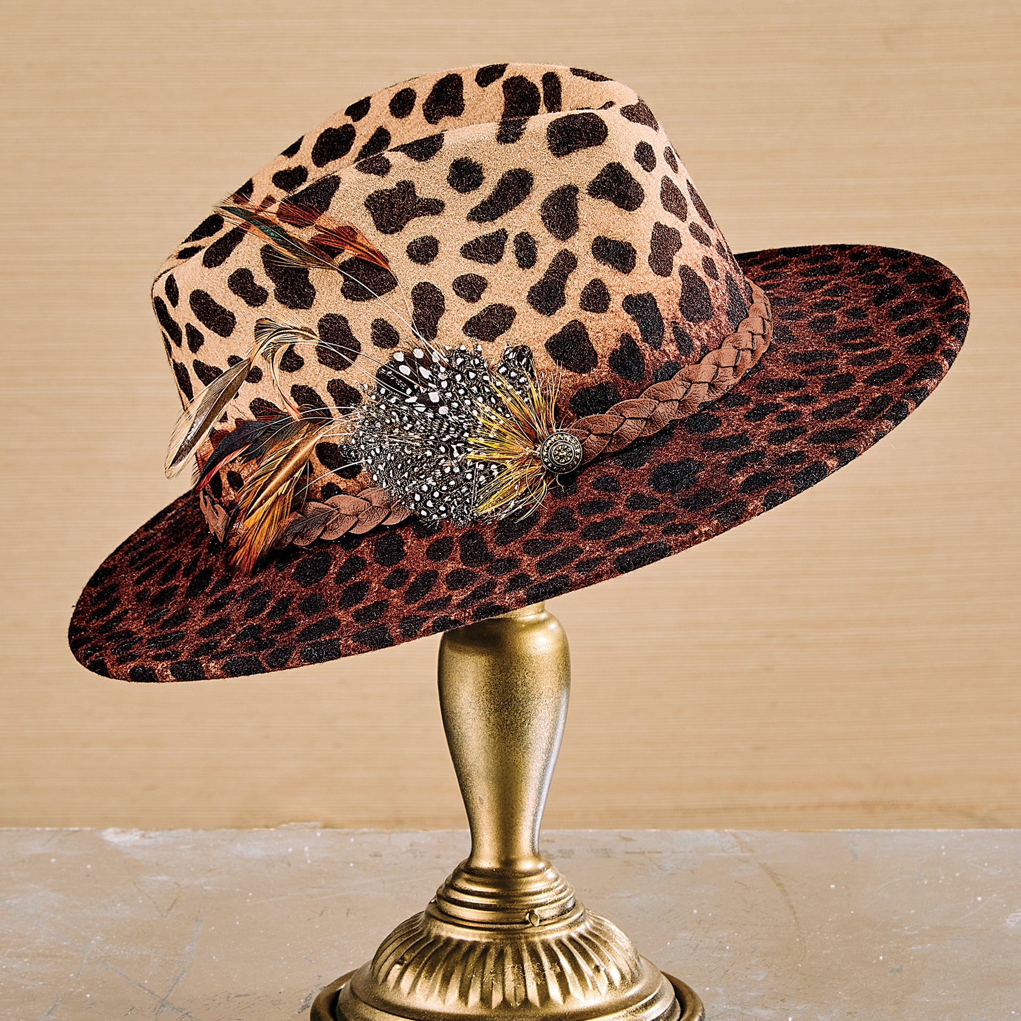 Boutique Mocha Braided Straw Fedora Sun Hat with Adjustable Leopard Band Gabon Leopard Scarf Toyo Straw Fedora Hat – Village Hat Shop main image 4