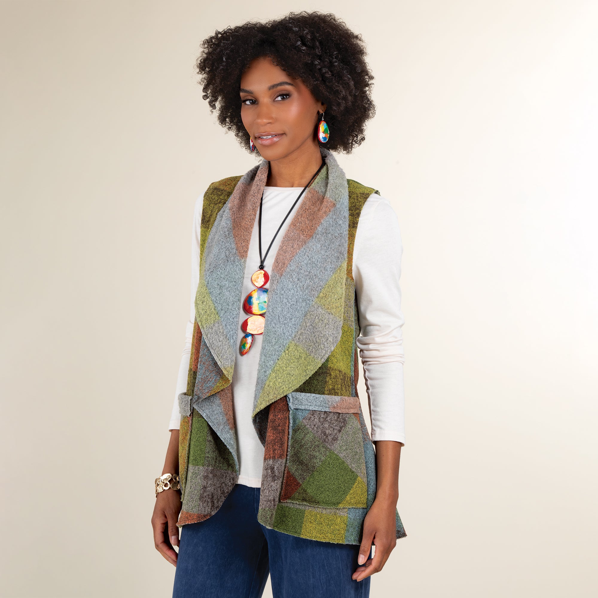 Plaid Open Front Collared Neck Vest