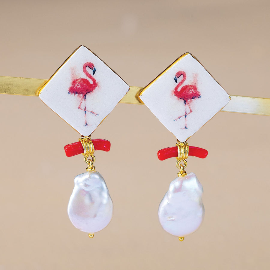 Flamingo & Freshwater Pearl Earrings