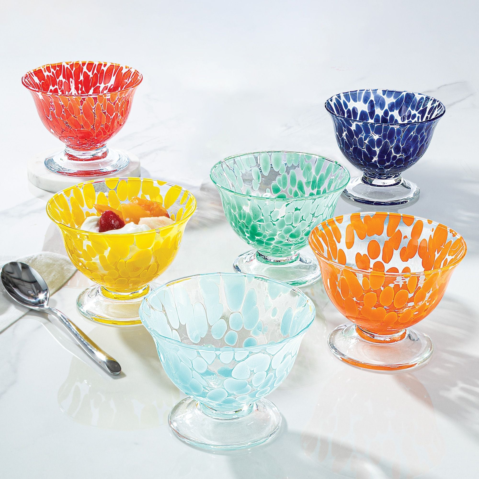 Hand Blown Glass Tumblers Set Of 4 - 16oz Rainbow Graniti Design By Mexican Artisans