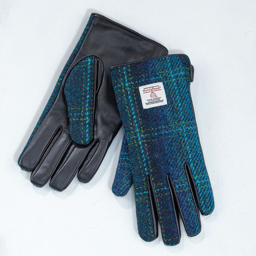 Teal Plaid Harris Tweed & Leather Gloves