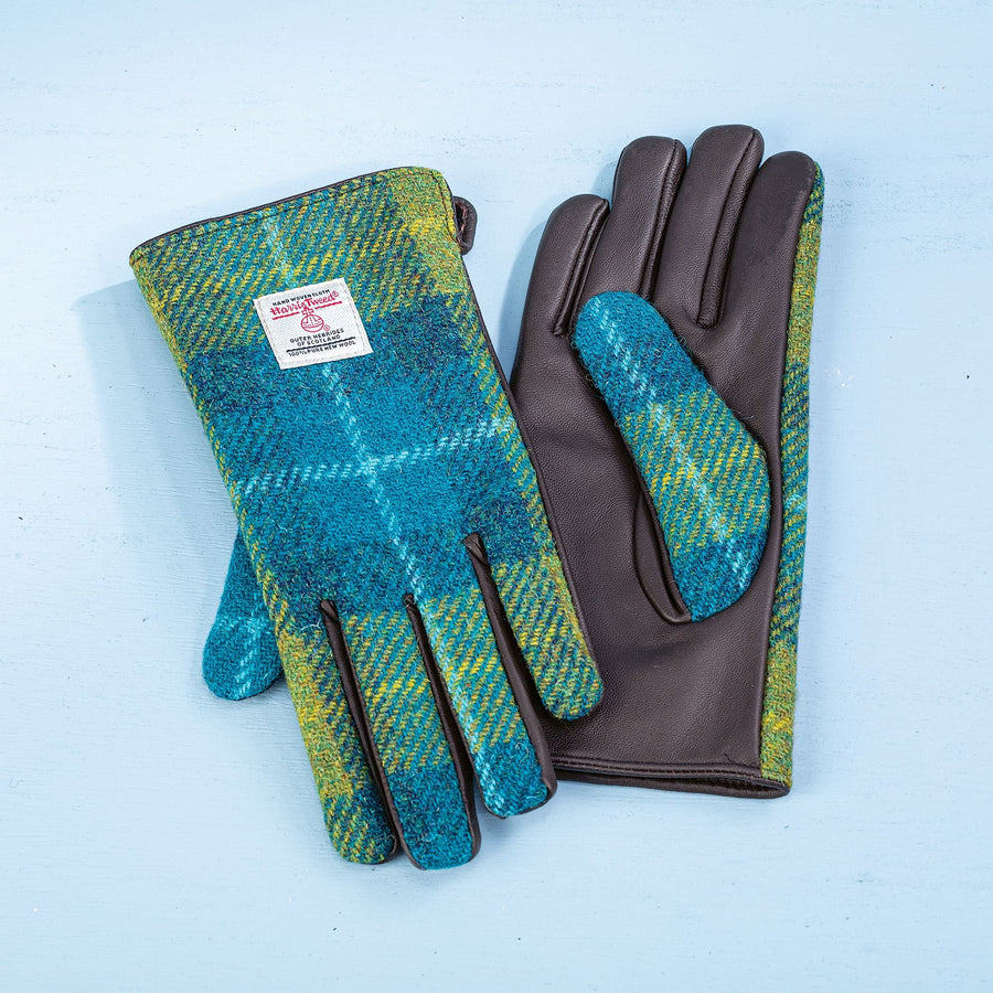 Blue & Green Plaid Harris Tweed & Leather Gloves