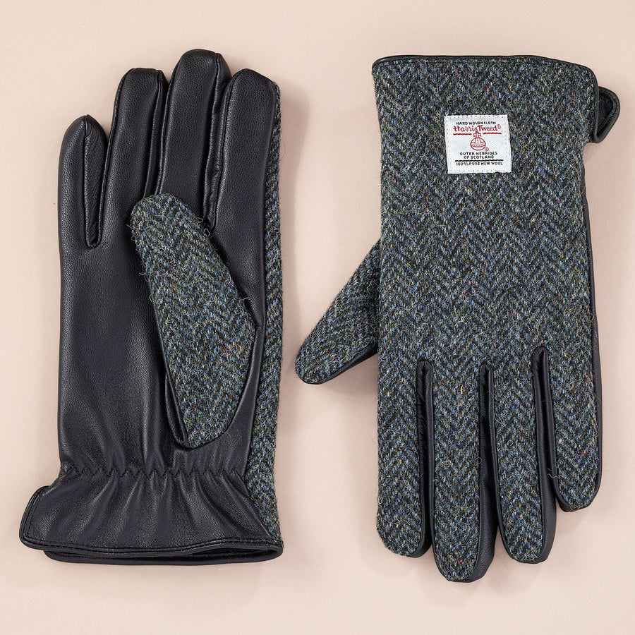 Men's Herringbone Harris Tweed & Leather Gloves