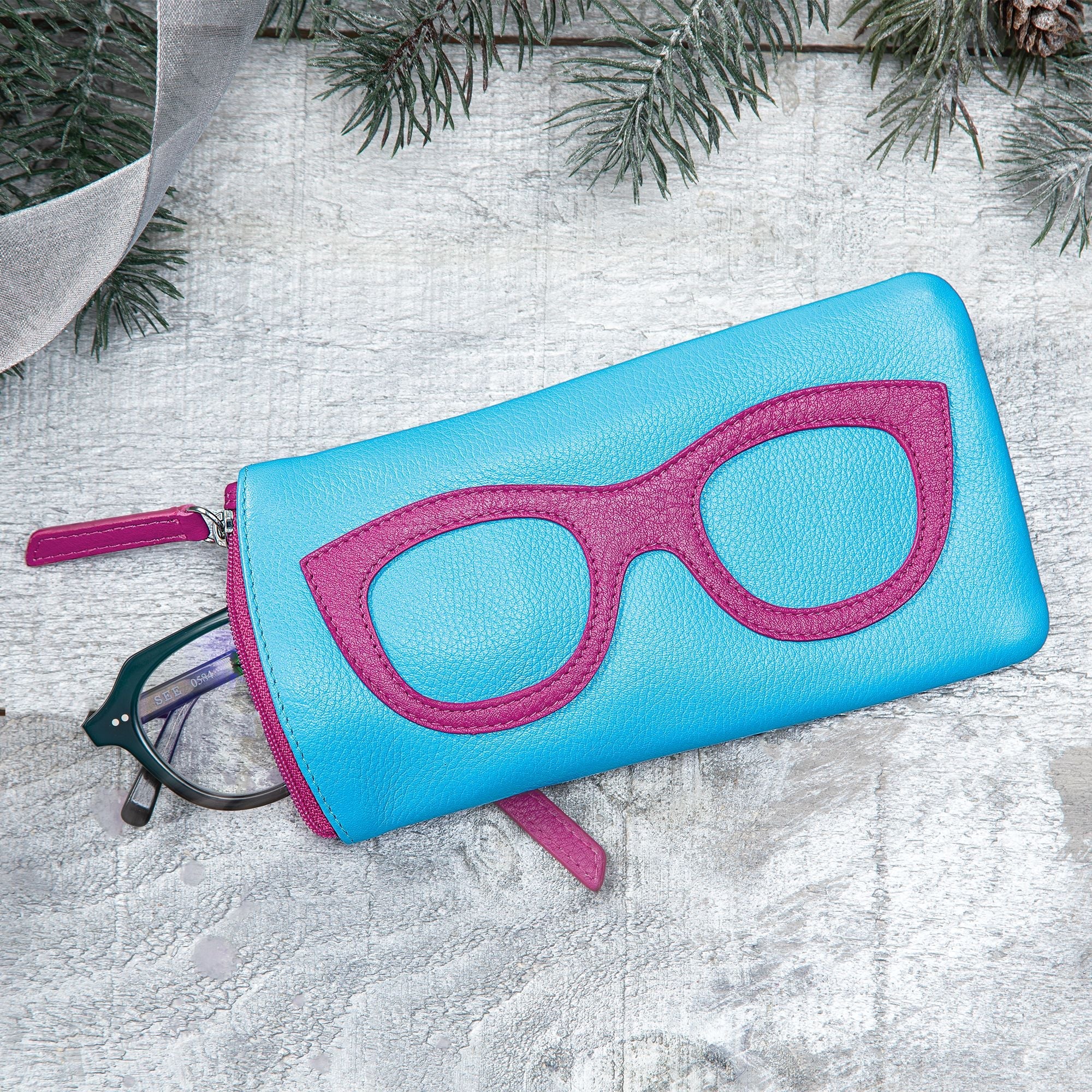 Turquoise Blue Leather Eye Glass Case