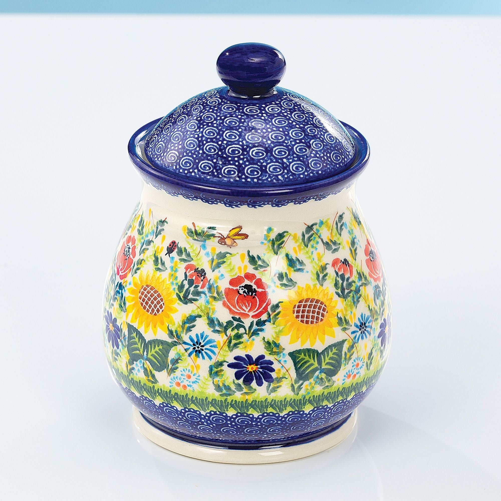 Polish Pottery Aleksandra Sunflower & Poppy Cookie Jar Uno Alla Volta