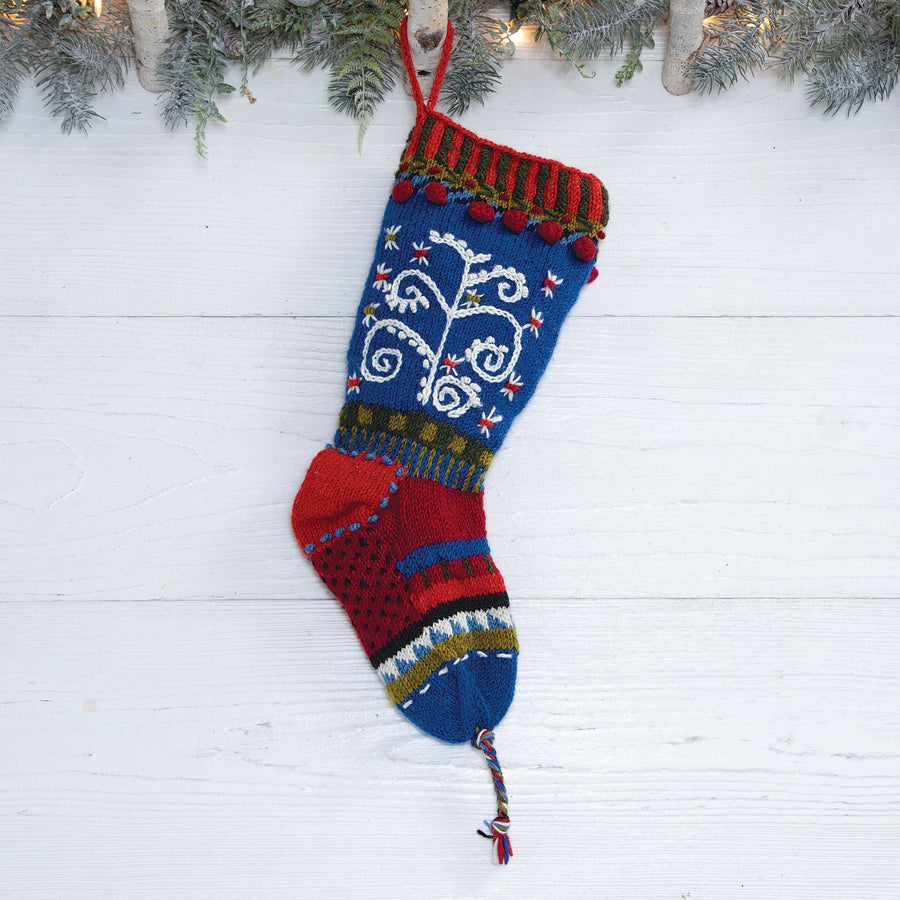 Hand-Knit Vintage Style Swirl Tree Christmas Stocking