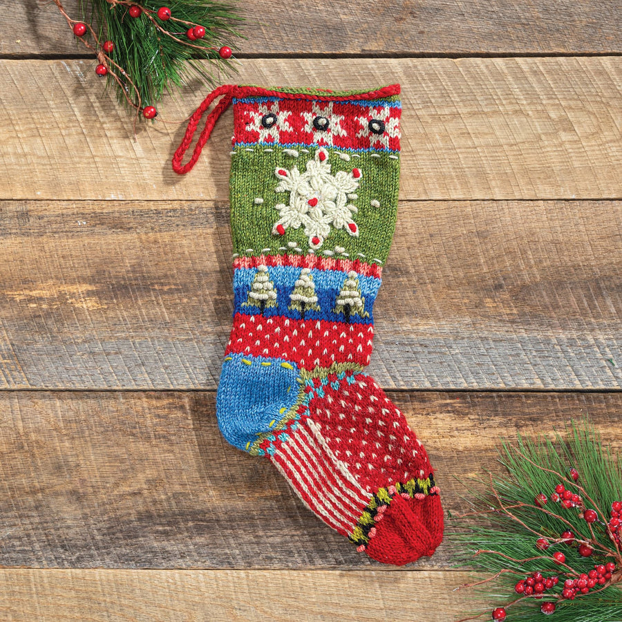 Hand-Knit Snowflake & Trees Christmas Stocking