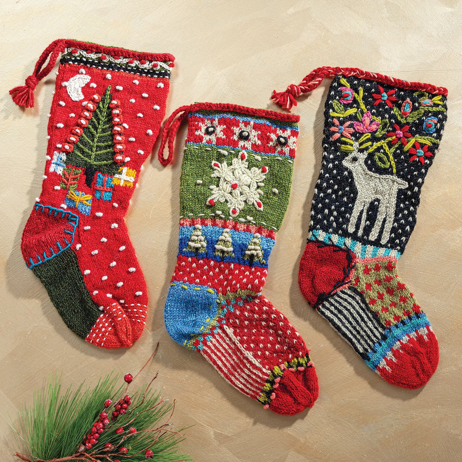 Hand-Knit Snowflake & Trees Christmas Stocking