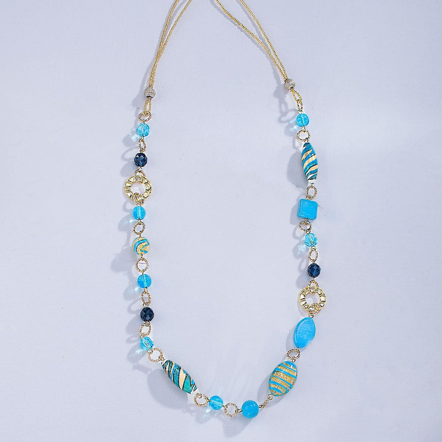 Murano Glass Aqua & Gold Infused Beaded Long Necklace