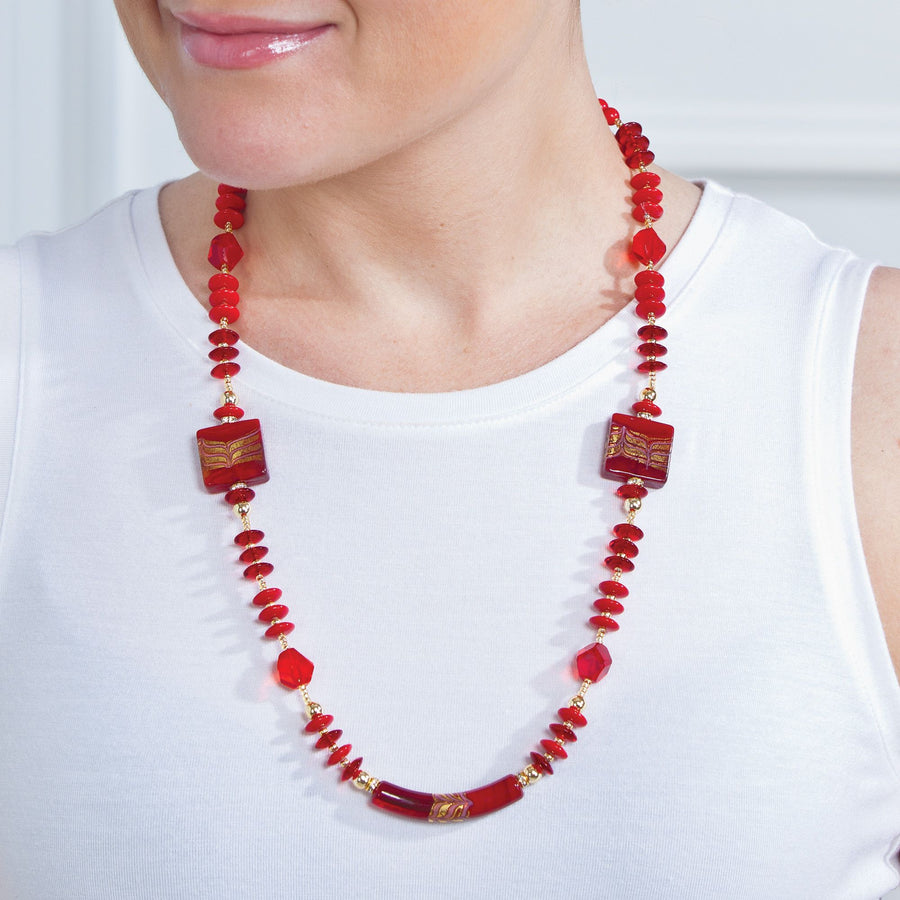 Red Murano Glass Square Beaded Necklace