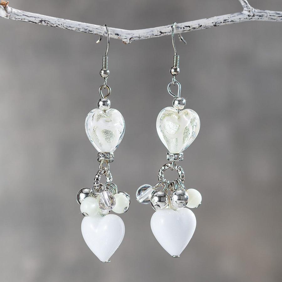 White Heart Murano Glass Earrings