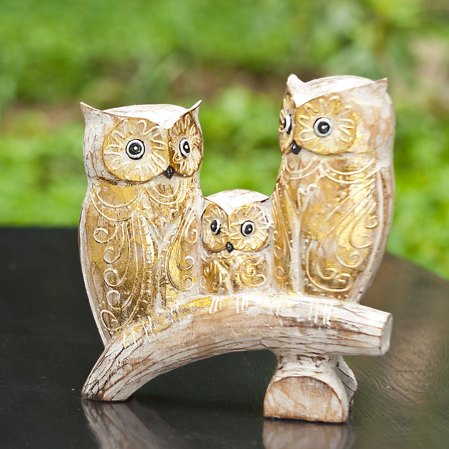 Hand-Carved Albesia Wood Owl Family