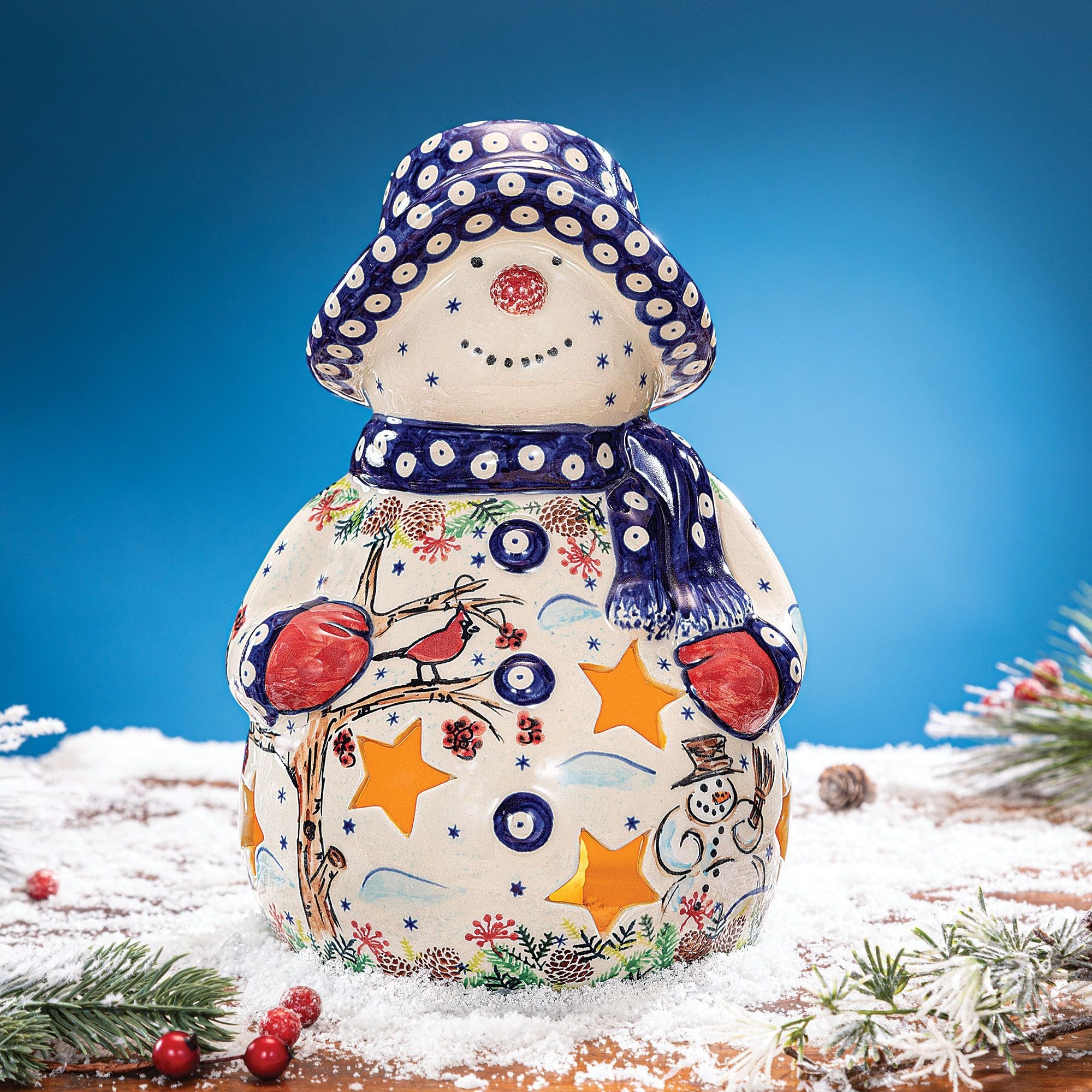 Polish Pottery Wintry Woods Snowman Luminary | Uno Alla Volta