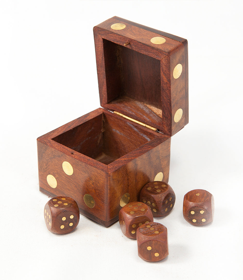 Handcrafted Rosewood Dice Box – 5 Wooden Dice, Travel Game Set