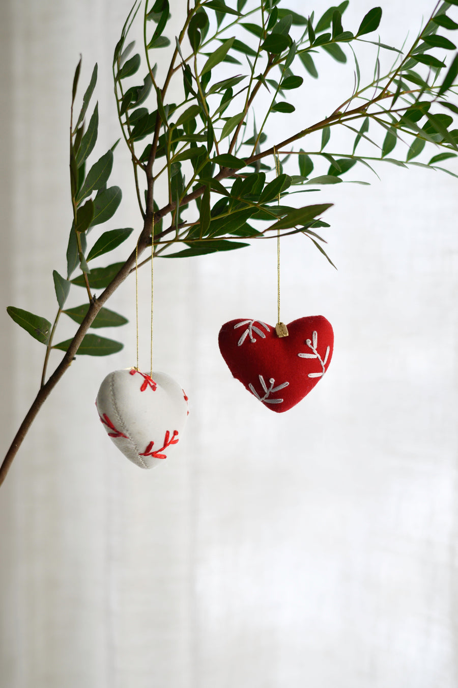 Hand-made Embroidered Heart Ornaments – Set of 2
