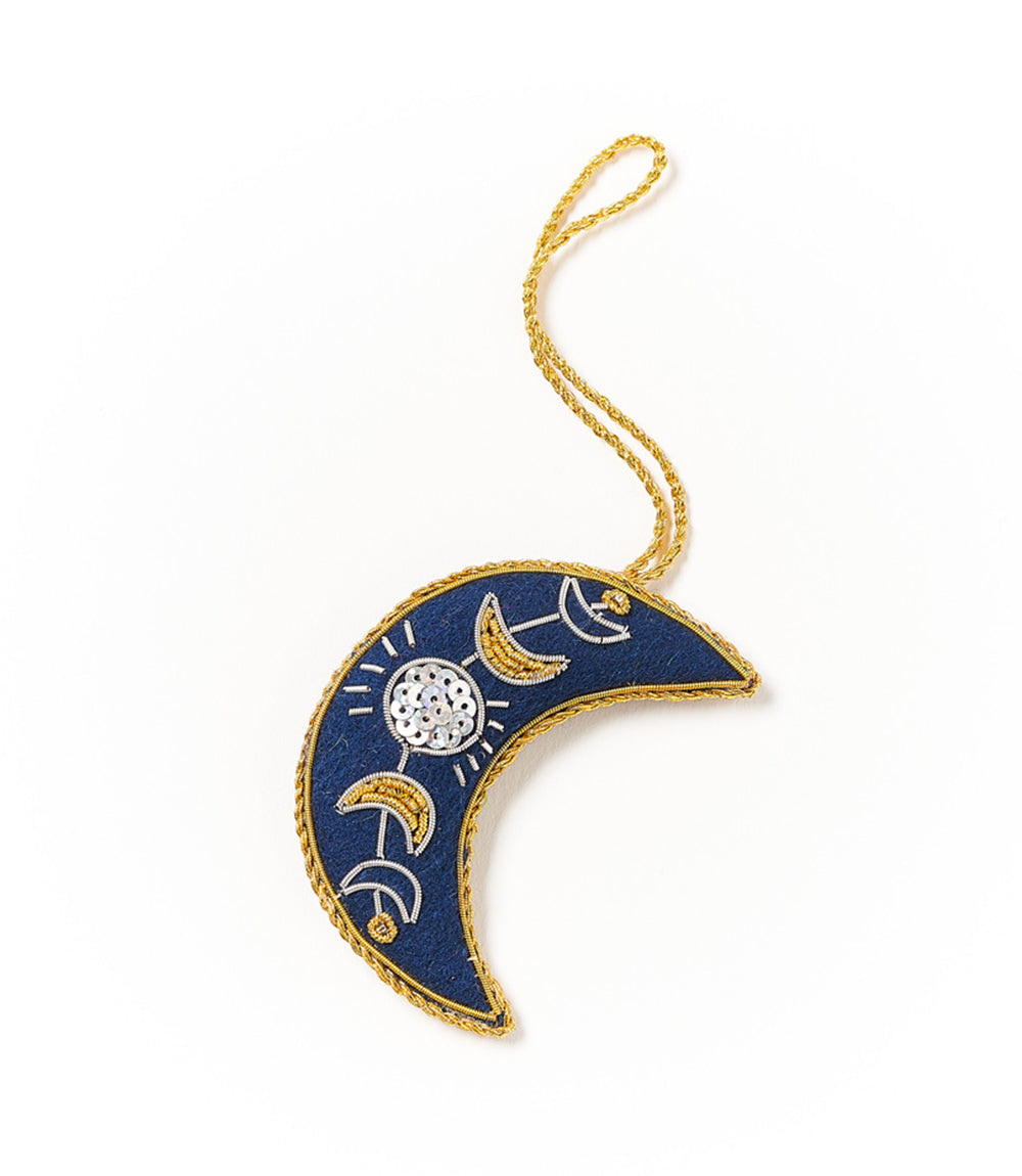 Hand Embroidered Crescent Moon Felt Holiday Ornament