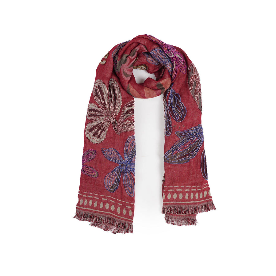 Canyon Petal Embroidered Scarf - Red