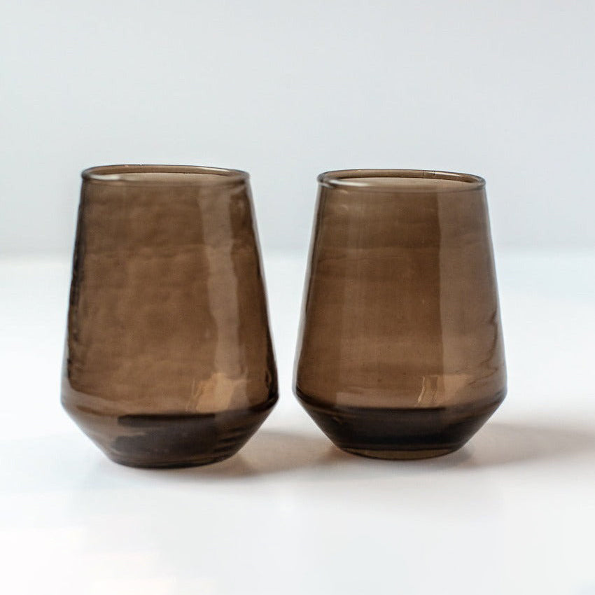 Handblown Hammered Glass Water Tumbler, Smoke Set of 4
