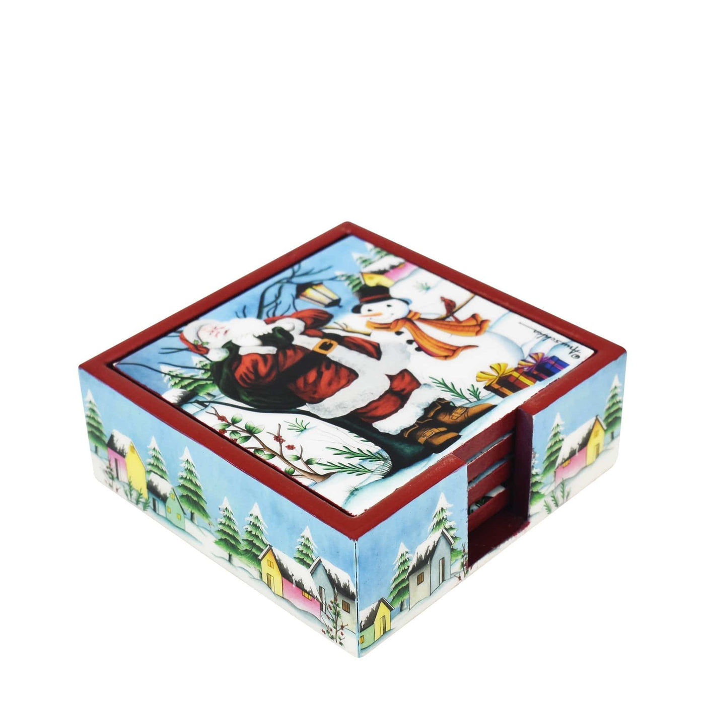Set of 4 Wooden Printed Square Coasters - Santa & Friends
