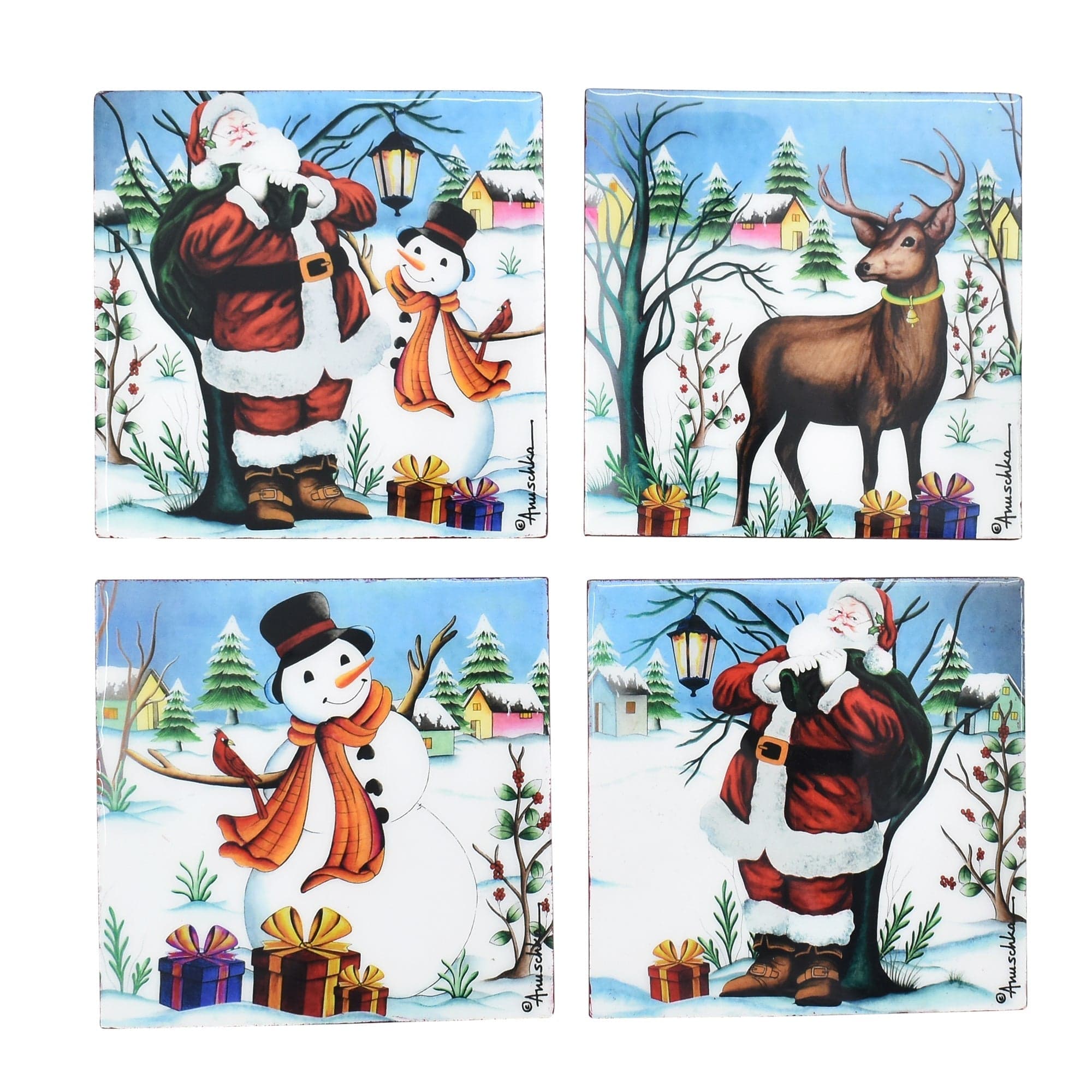 Set of 4 Wooden Printed Square Coasters - Santa & Friends