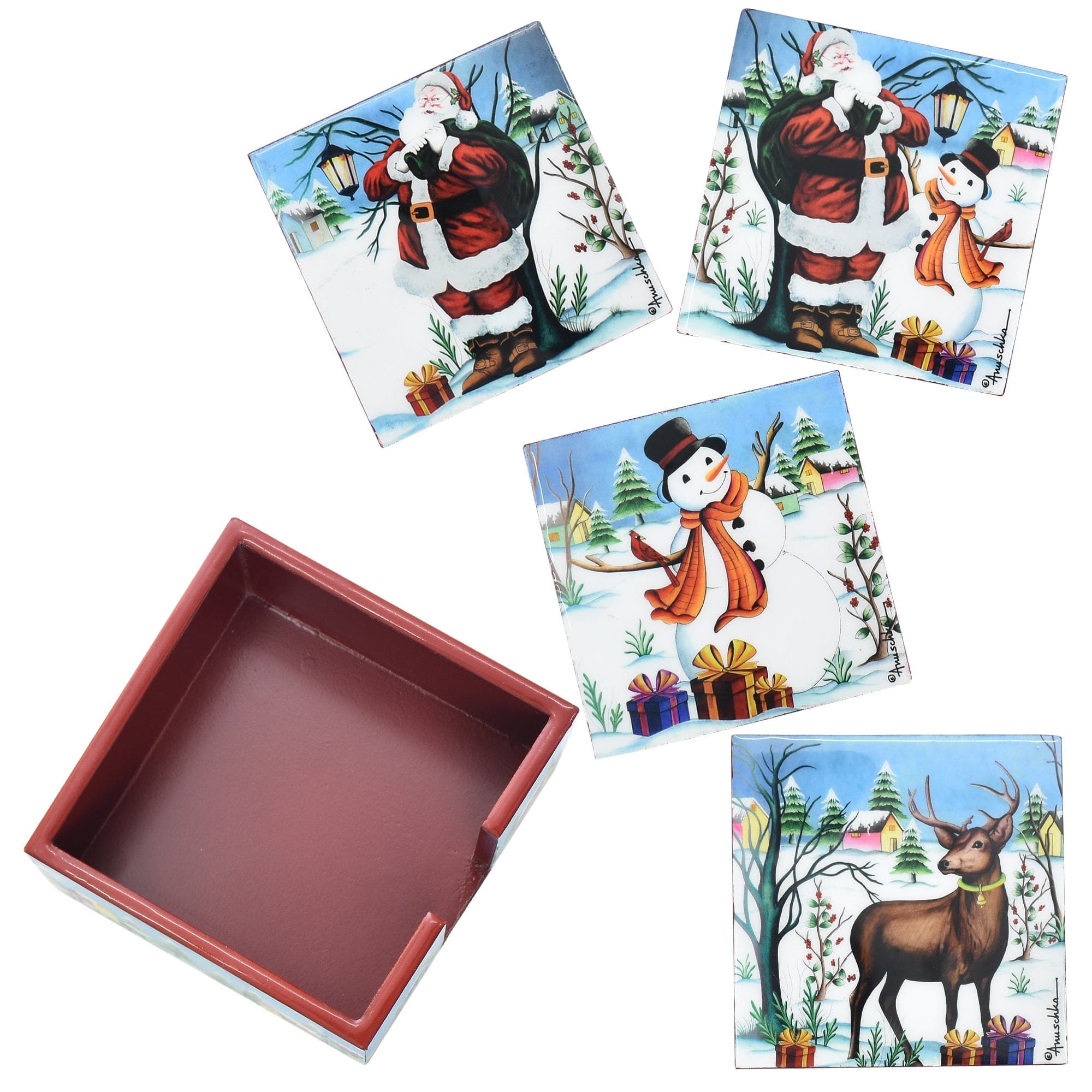 Set of 4 Wooden Printed Square Coasters - Santa & Friends