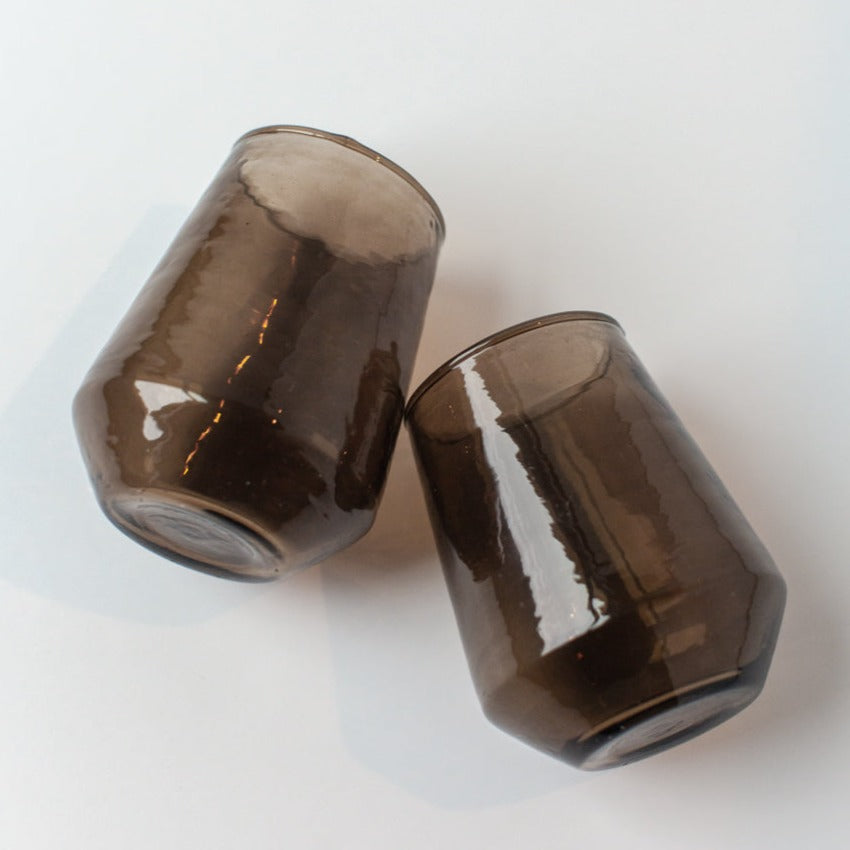 Handblown Hammered Glass Water Tumbler, Smoke Set of 4