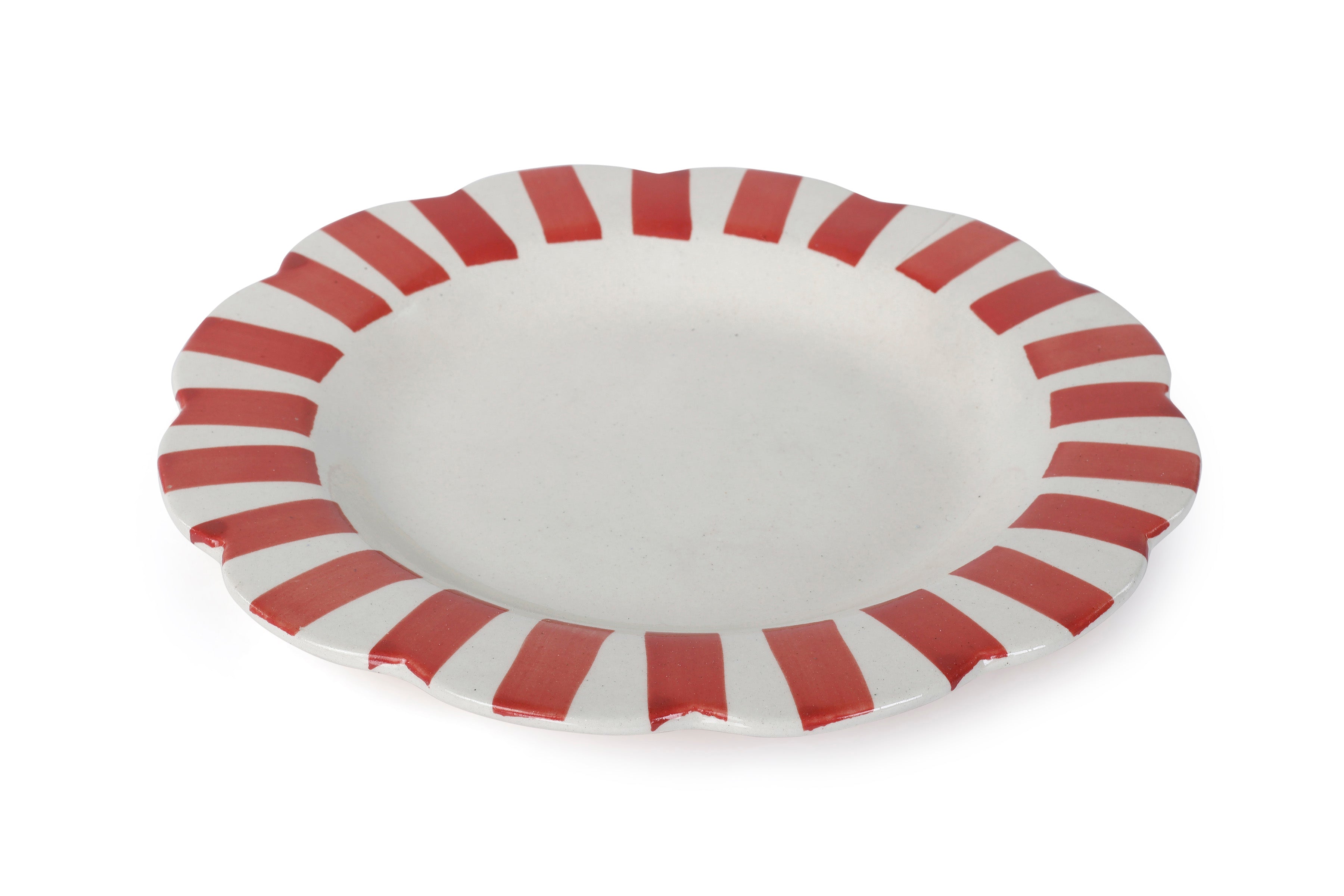 Handmade Ceramic Stripe Dinner Plate, Red 10" Set of 4