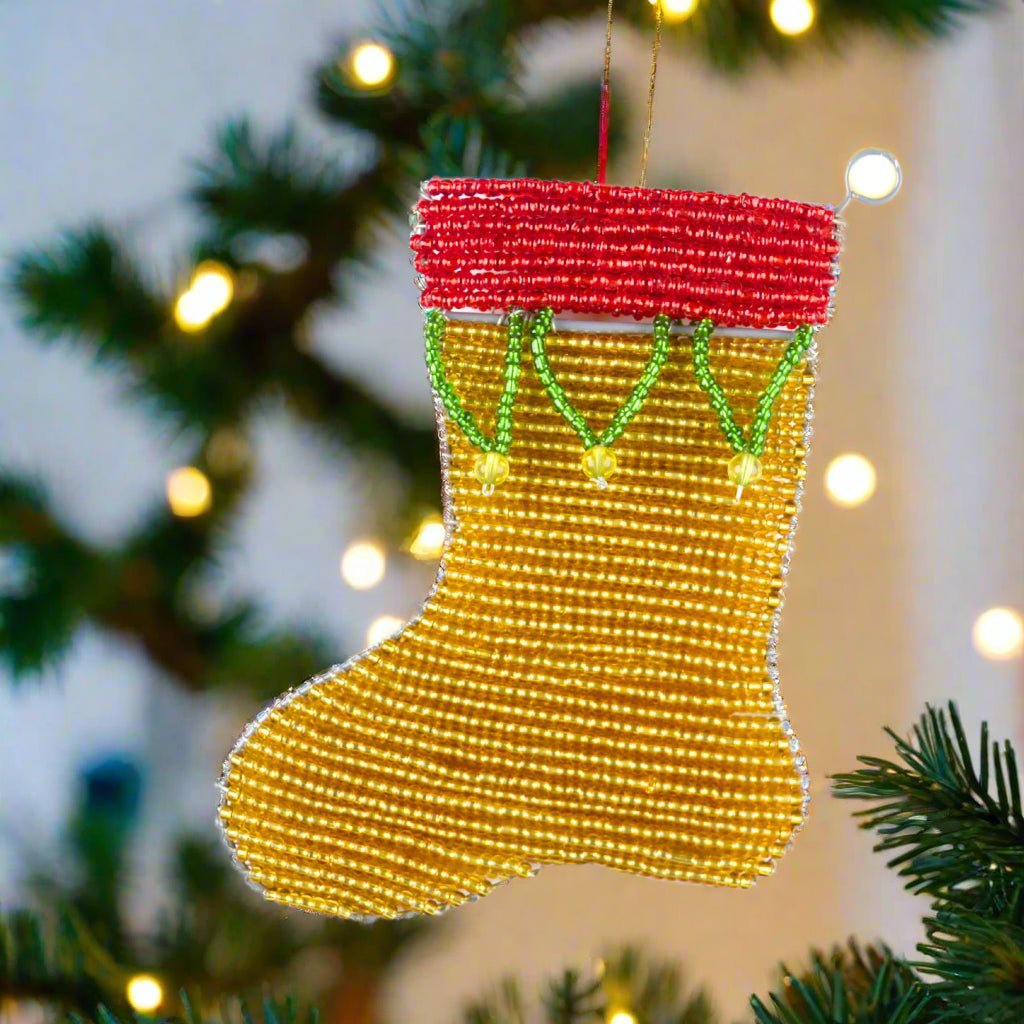 Handcrafted Beaded Stocking Christmas Ornament (Set of 3)