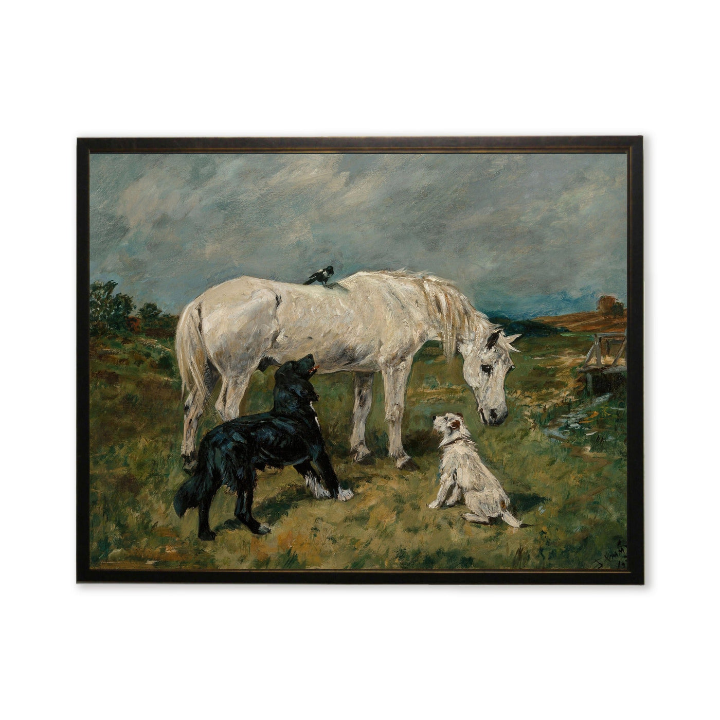 White Horse & Dogs Landscape Art in Copper & Black Wood Frame (24" x 18")
