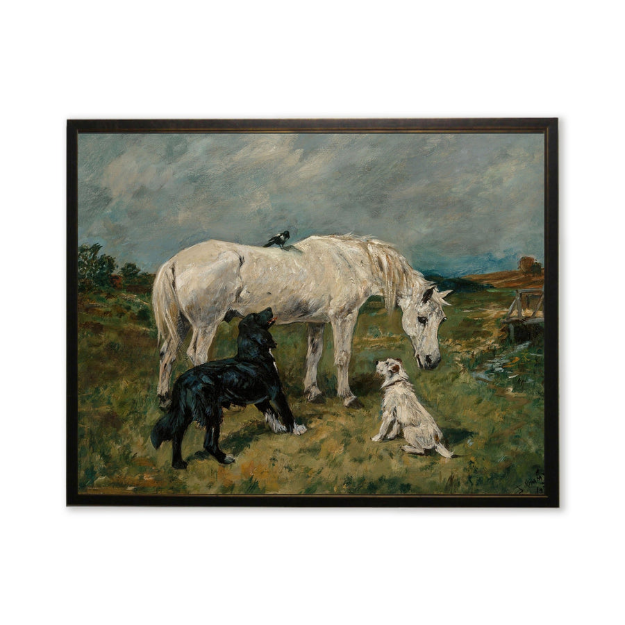 White Horse & Dogs Landscape Art in Copper & Black Wood Frame (24" x 18")