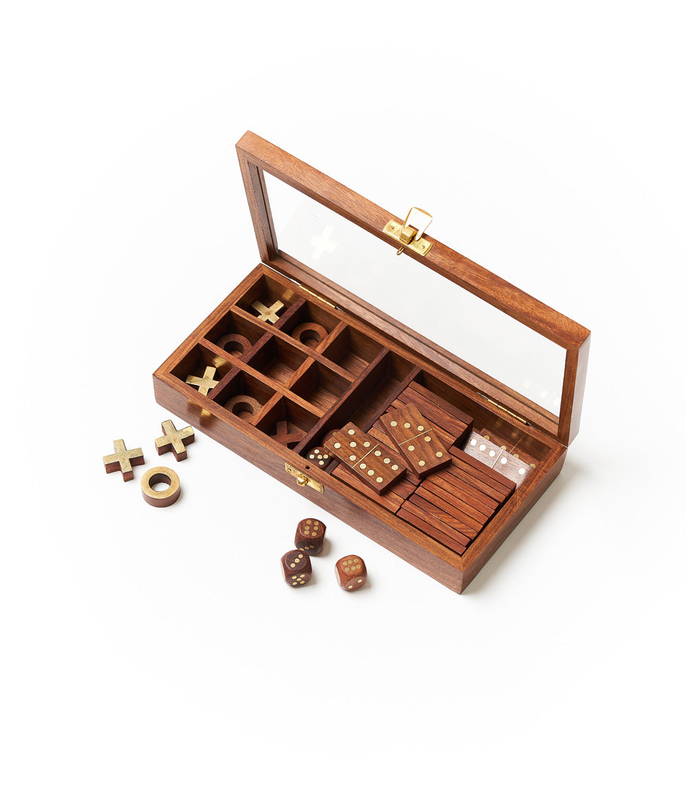 Handcrafted Rosewood 3-in-1 Game Set – Tic-Tac-Toe, Dominoes & Dice