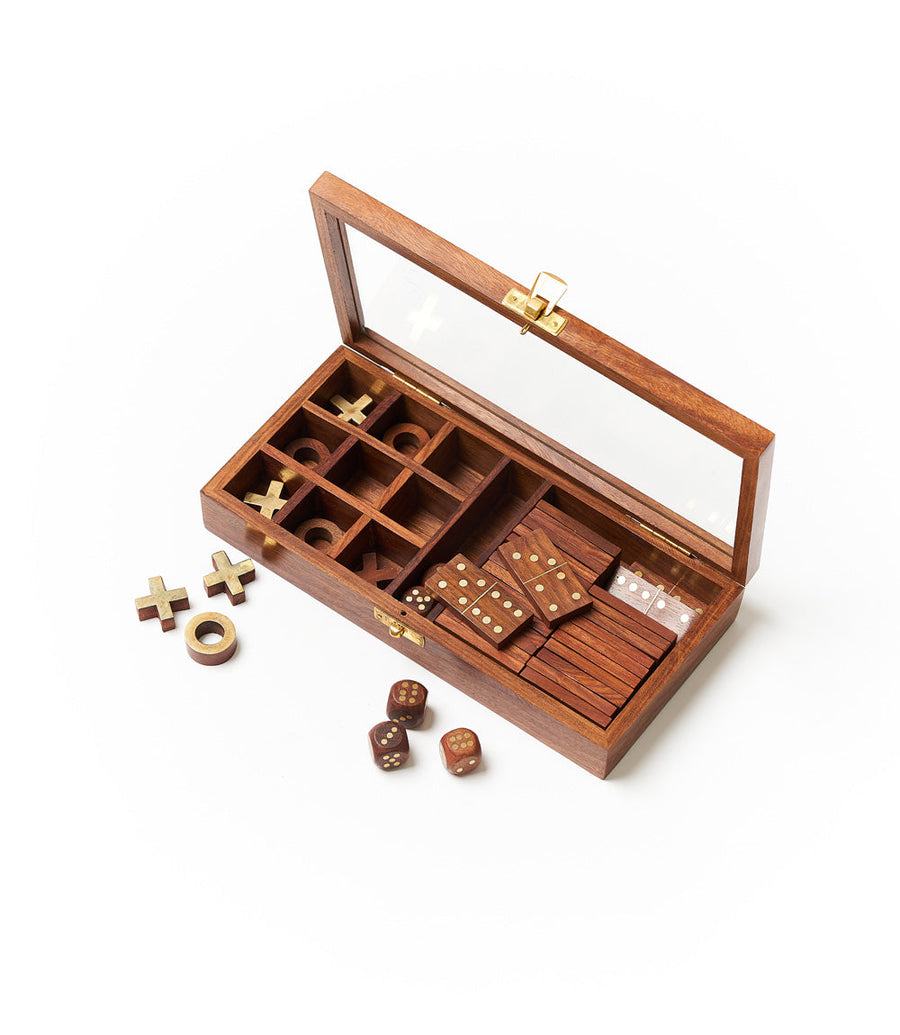 Handcrafted Rosewood 3-in-1 Game Set – Tic-Tac-Toe, Dominoes & Dice