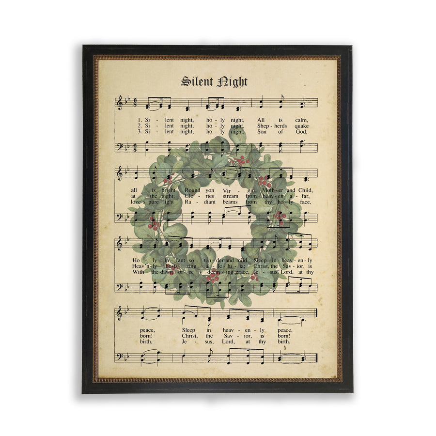 Silent Night Sheet Music With Wreath in Black and Gold Beaded Frame