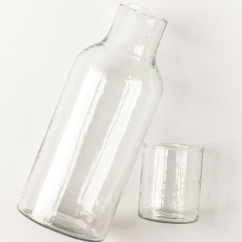 Handblown Recycled Glass Carafe & Drinking Glass Set, Clear