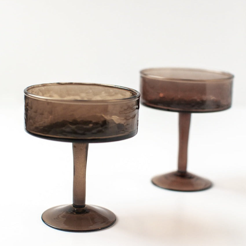 Handblown Hammered Recycled Glass Coupe, Smoke Set of 4