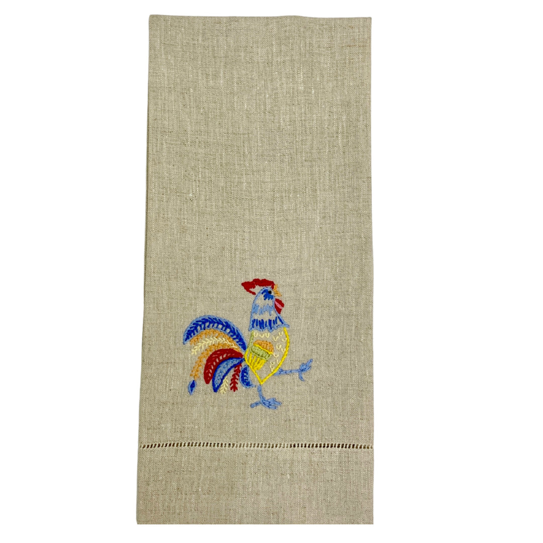 Hand-Embroidered Rooster Linen Tea Towel