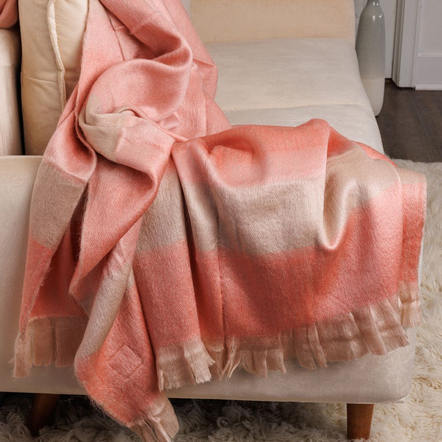Faded Coral Throw Blanket with Eyelash Trim - Kallpa Collection