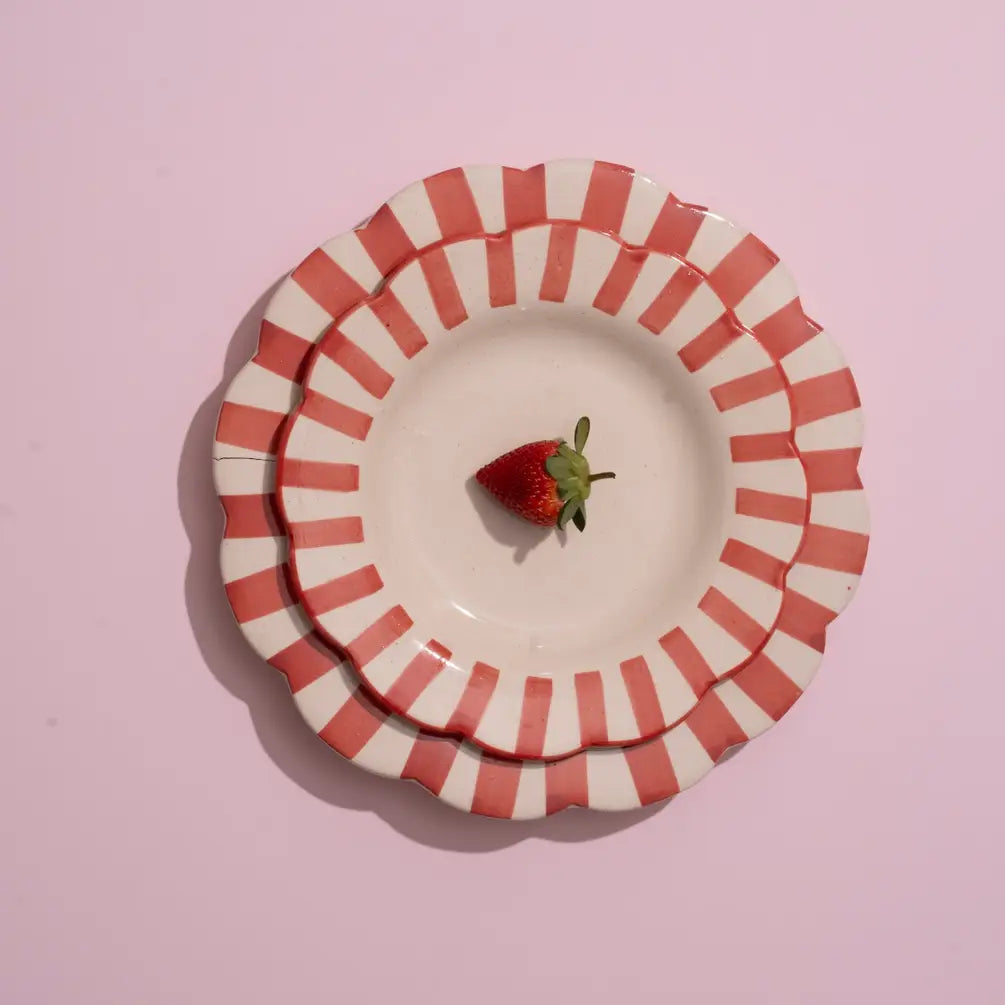 Handmade Ceramic Stripe Salad Plate, Red 8.25" Set of 4