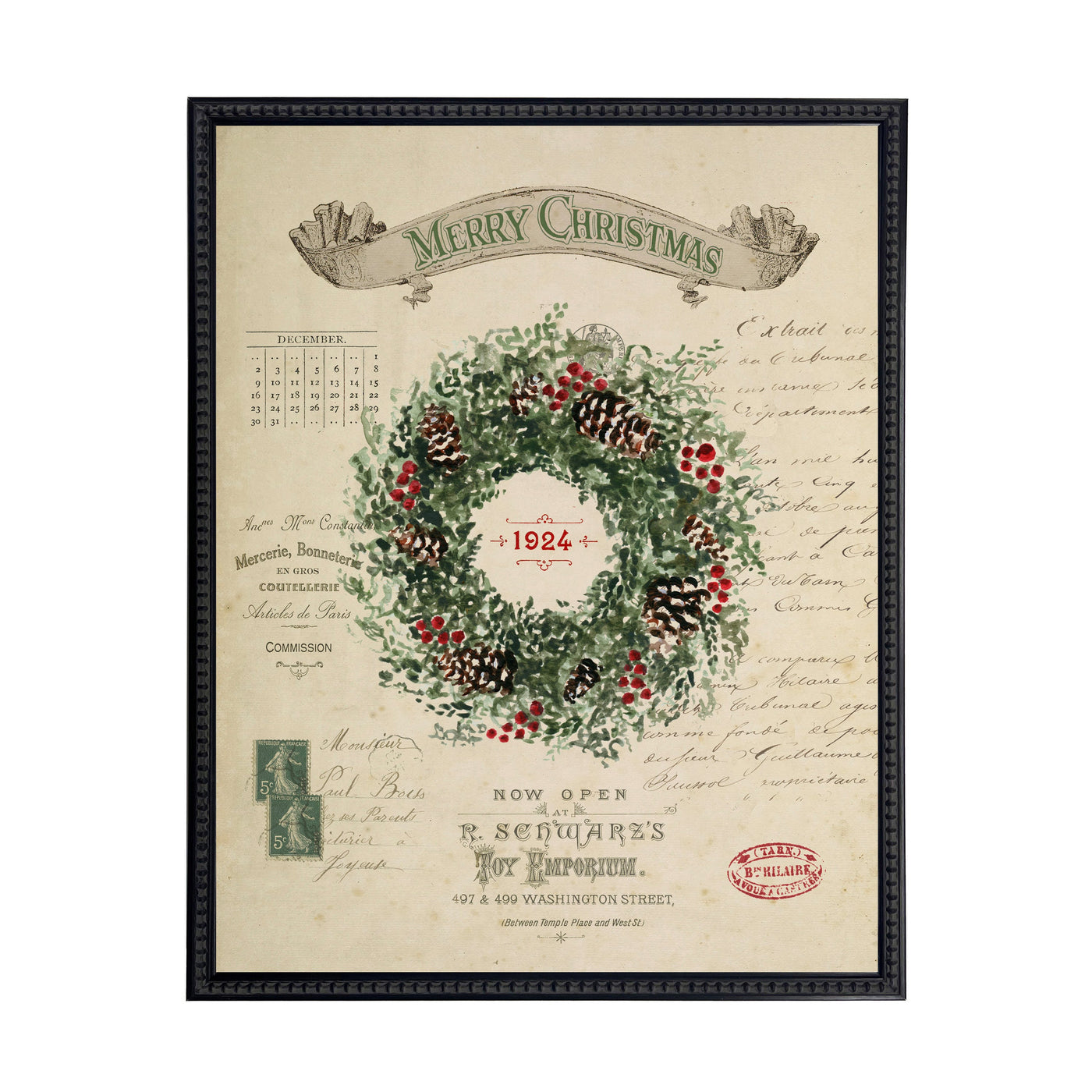 Vintage Painting of a Wreath on a distressed bookplate background (19"x25")