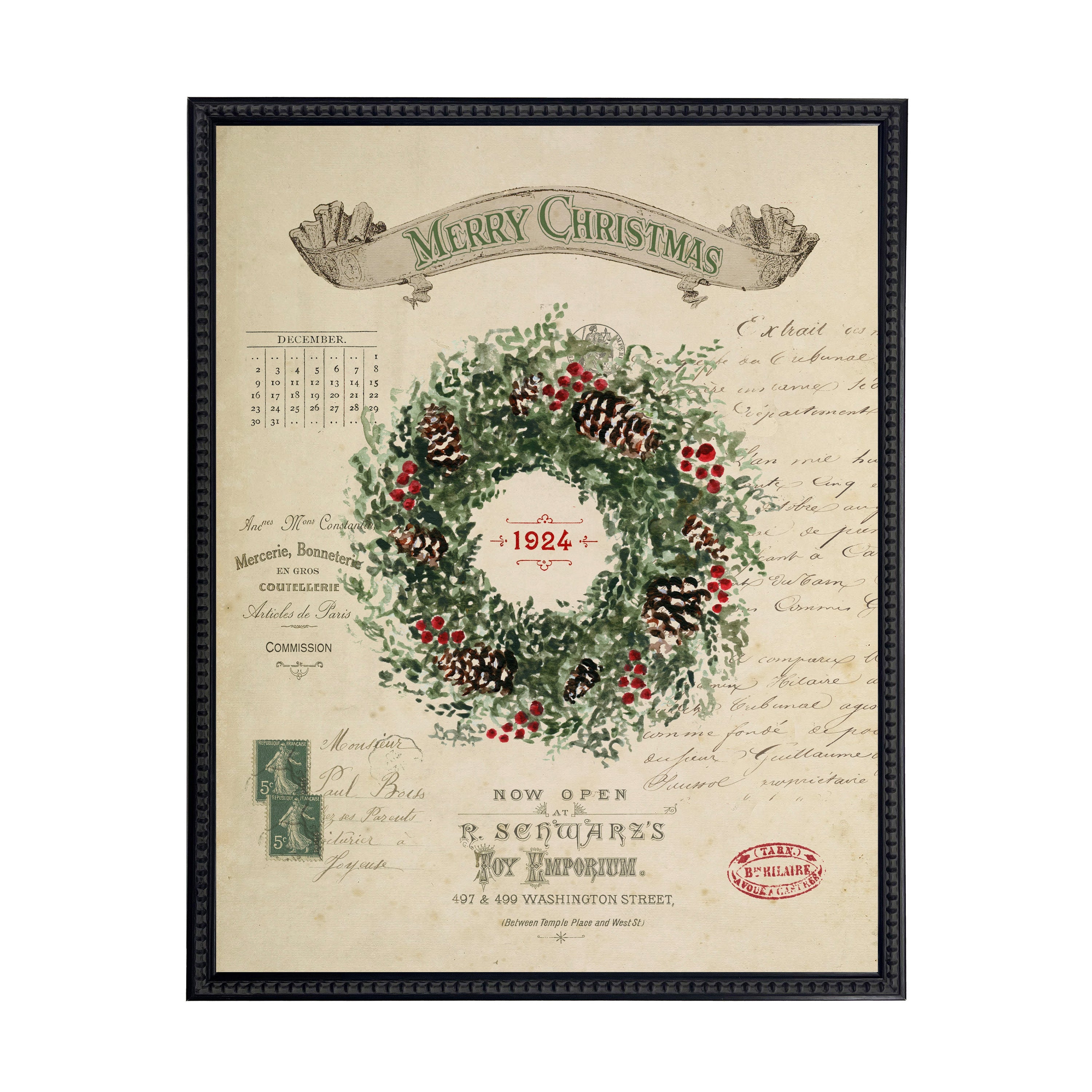 Vintage Painting of a Wreath on a distressed bookplate background (19"x25")