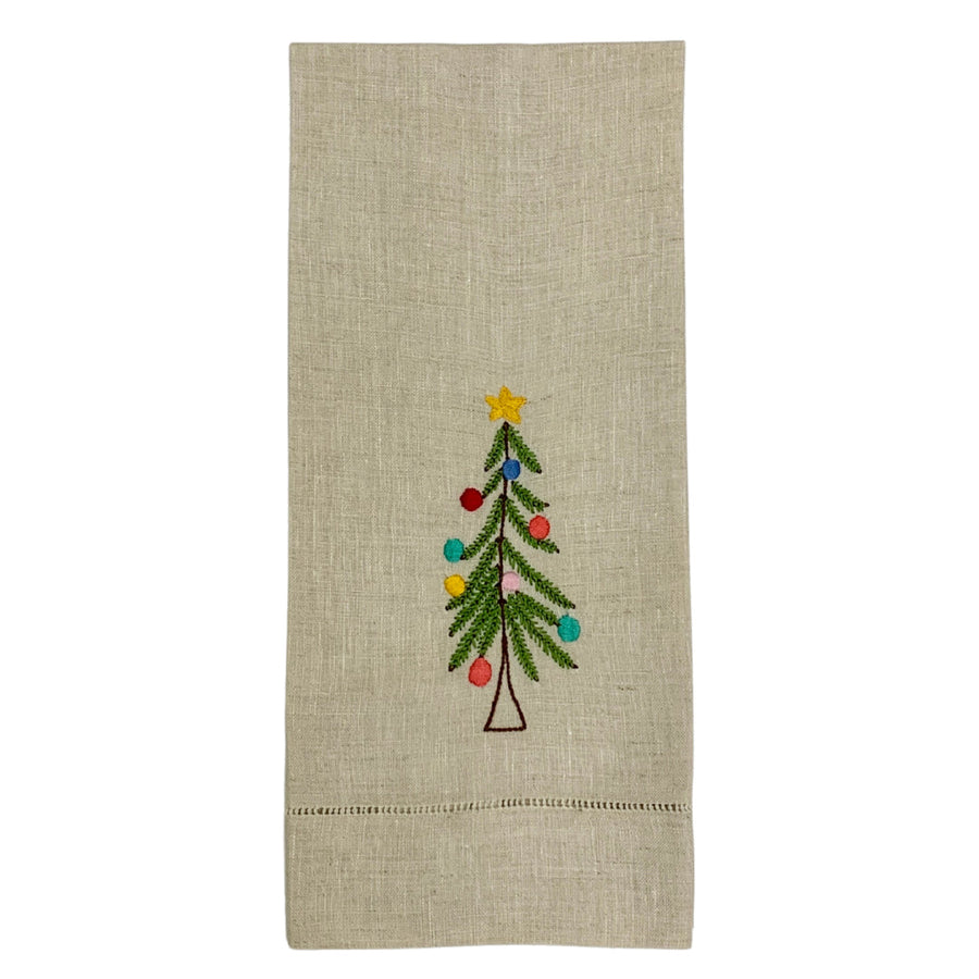 Hand-Embroidered Rustic Christmas Linen Tea Towel