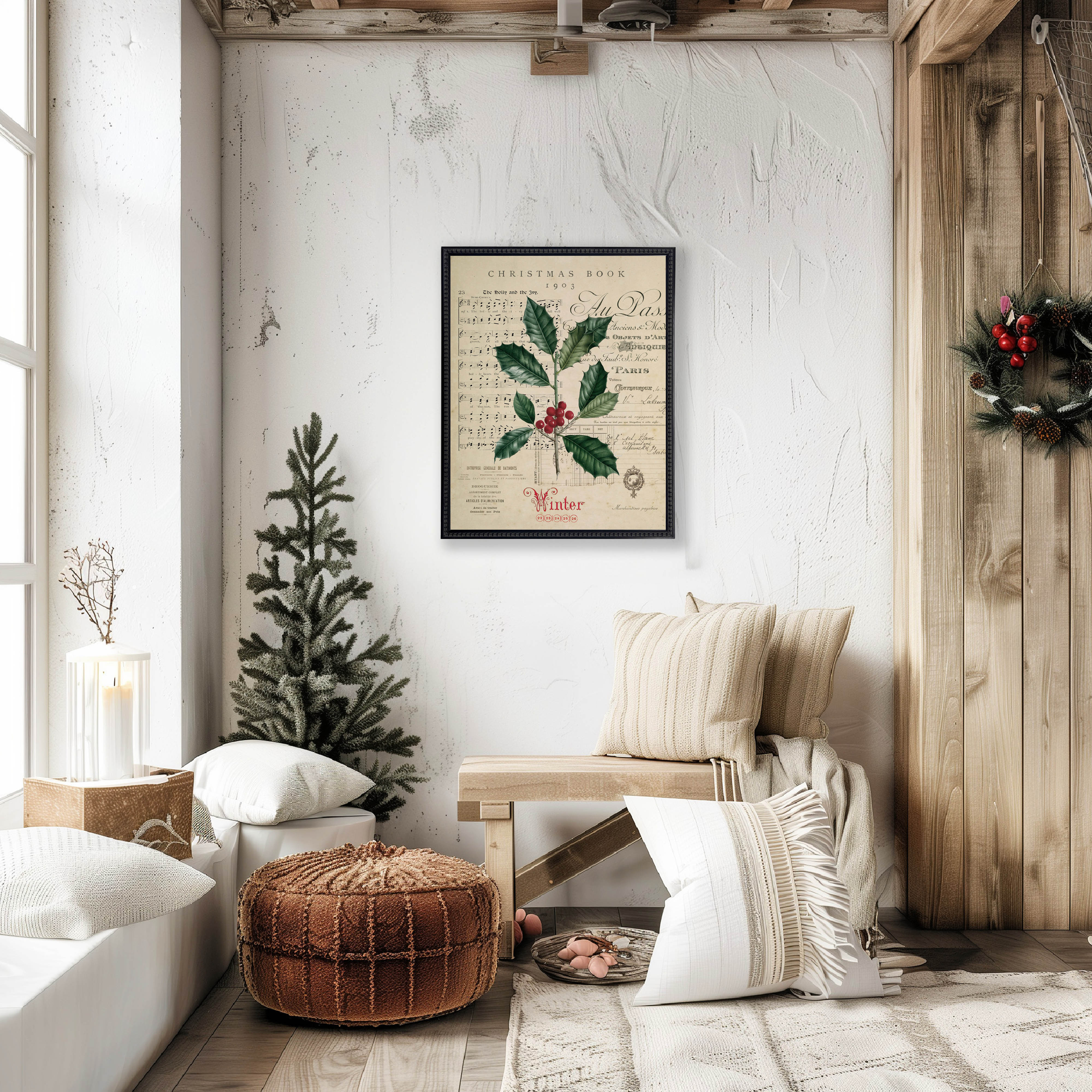 Vintage Painting of Holly on a distressed bookplate background (19"x25")