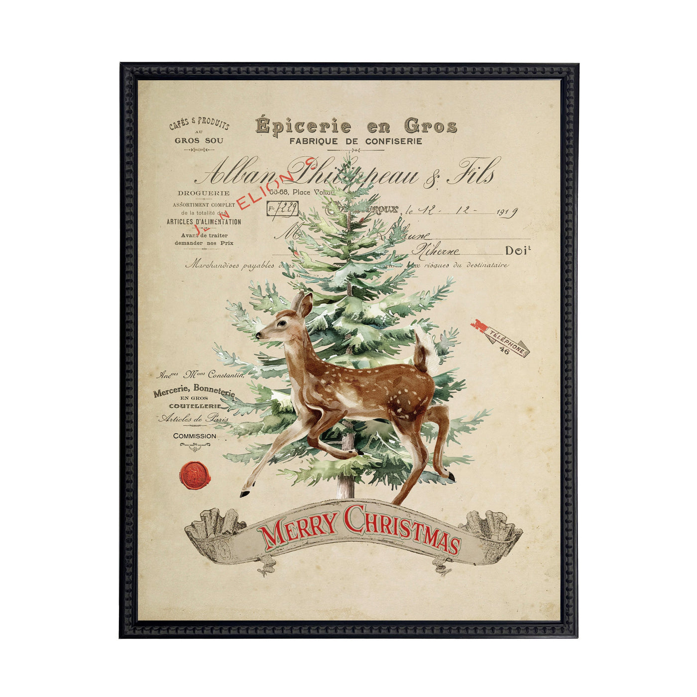 Vintage Painting of Deer and Tree on a distressed bookplate background (19"x25")
