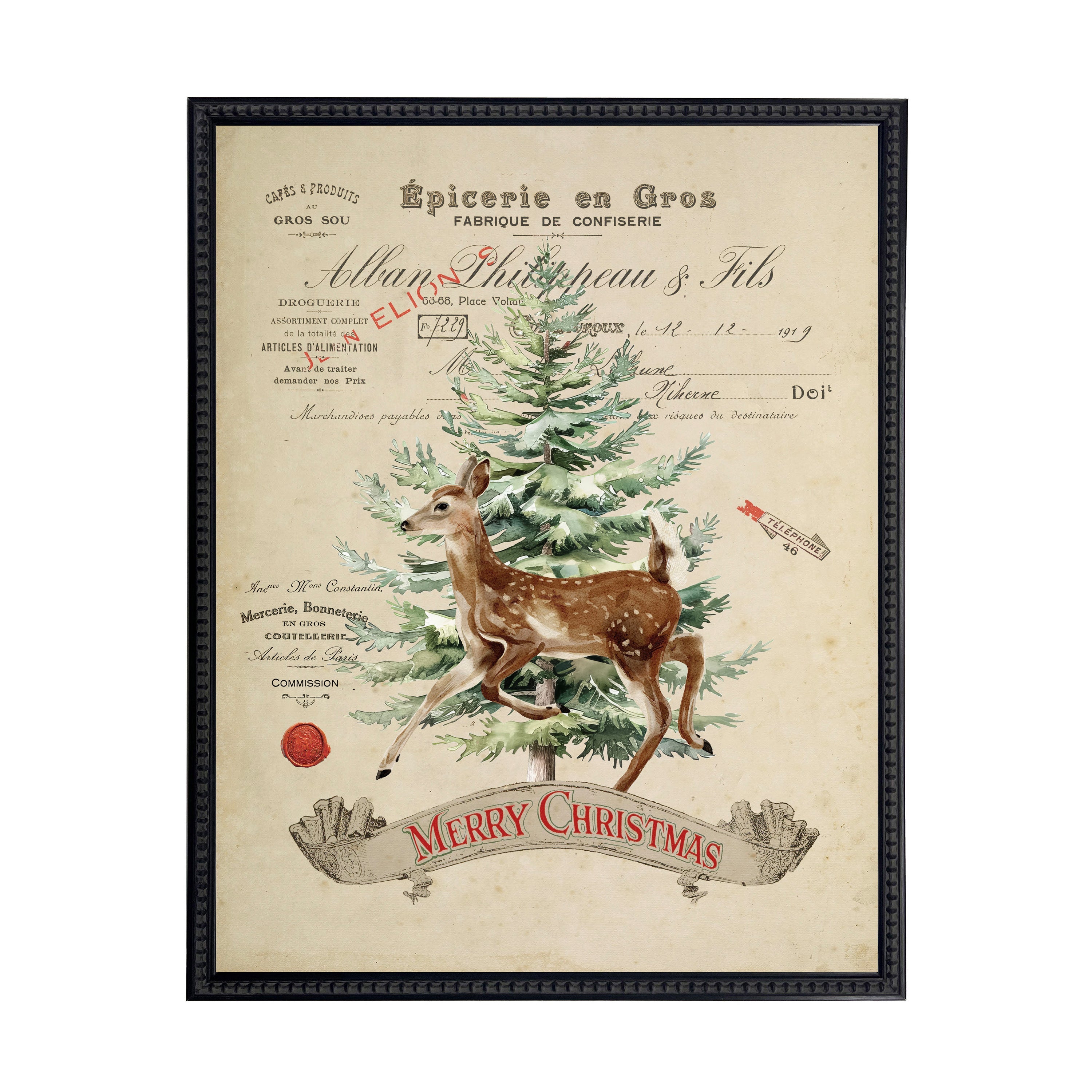 Vintage Painting of Deer and Tree on a distressed bookplate background (19"x25")