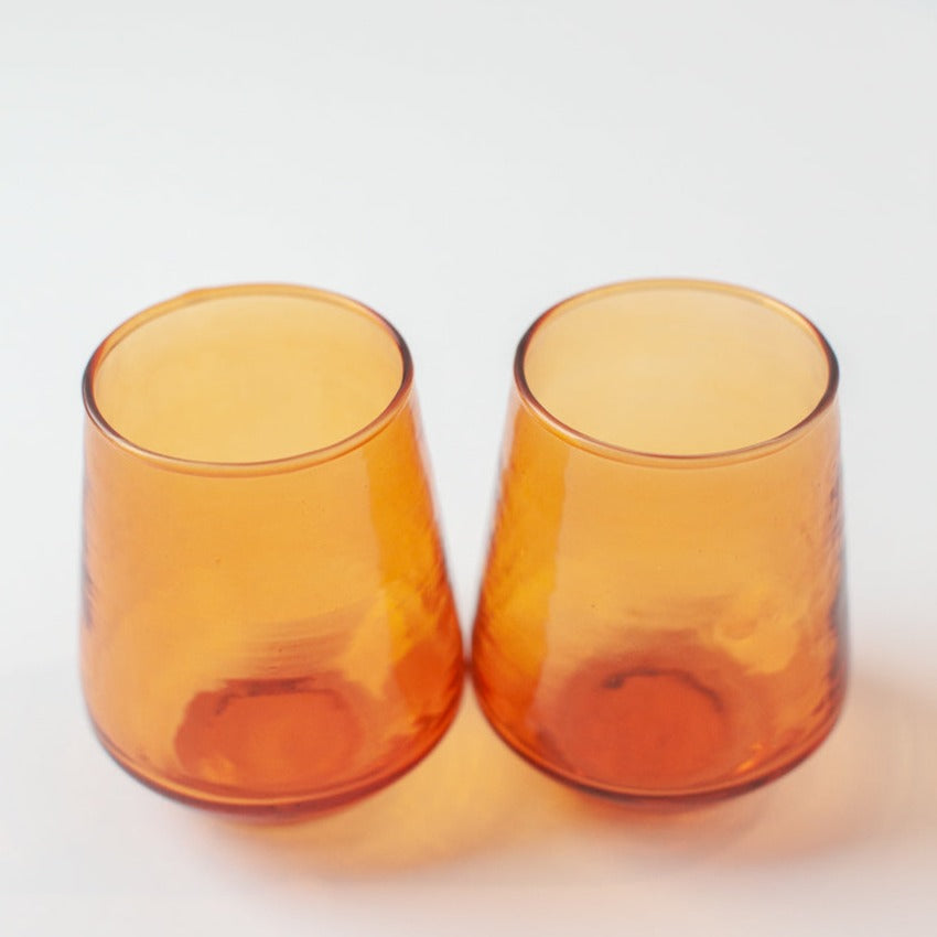 Handblown Hammered Glass Water Tumbler, Amber Set of 4