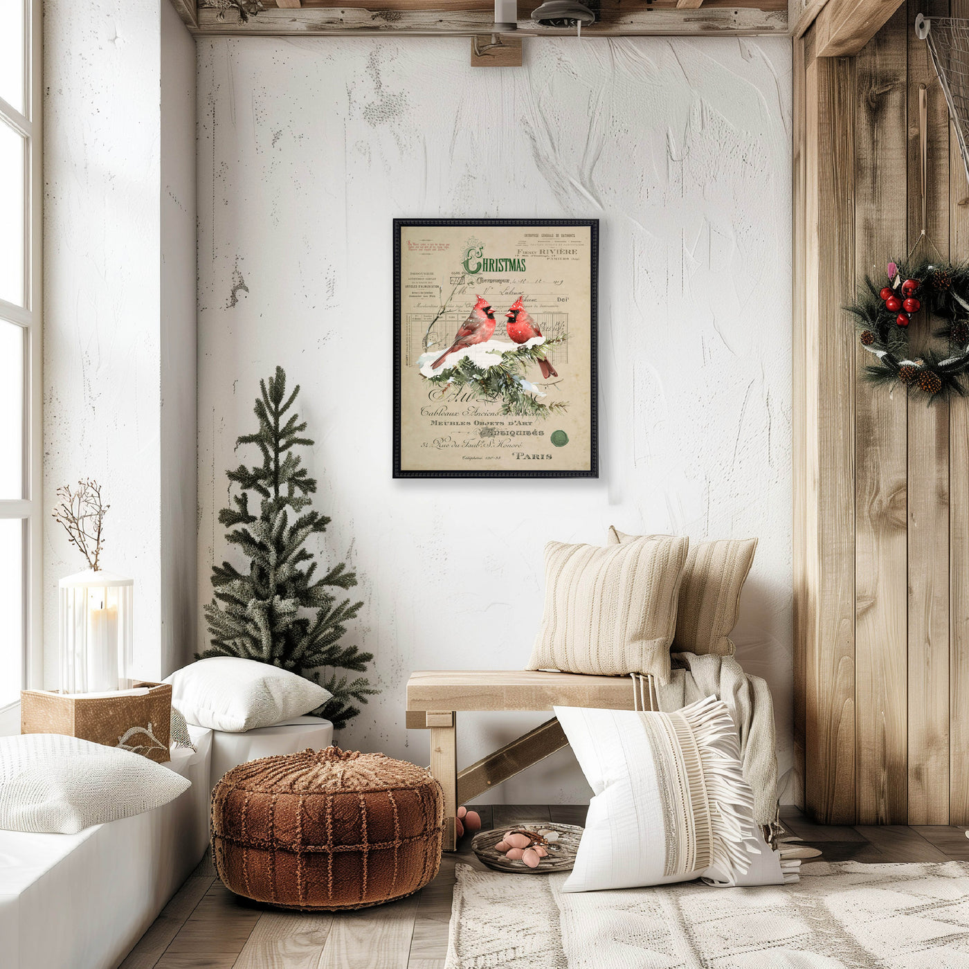 Vintage Painting of Cardinals on a distressed bookplate background (19"x25")