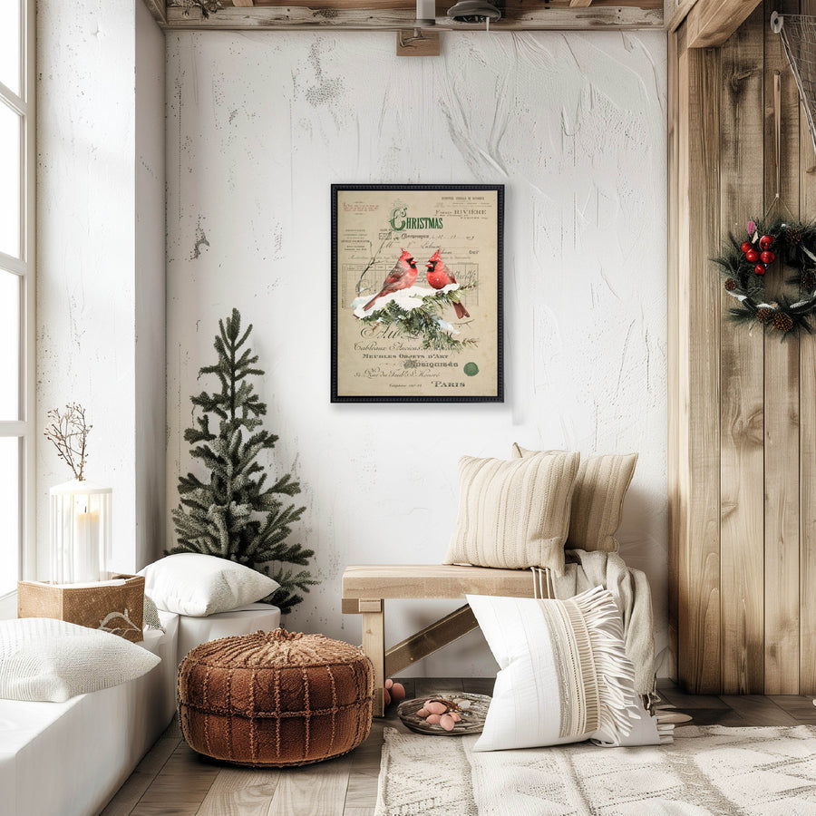 Vintage Painting of Cardinals on a distressed bookplate background (19"x25")