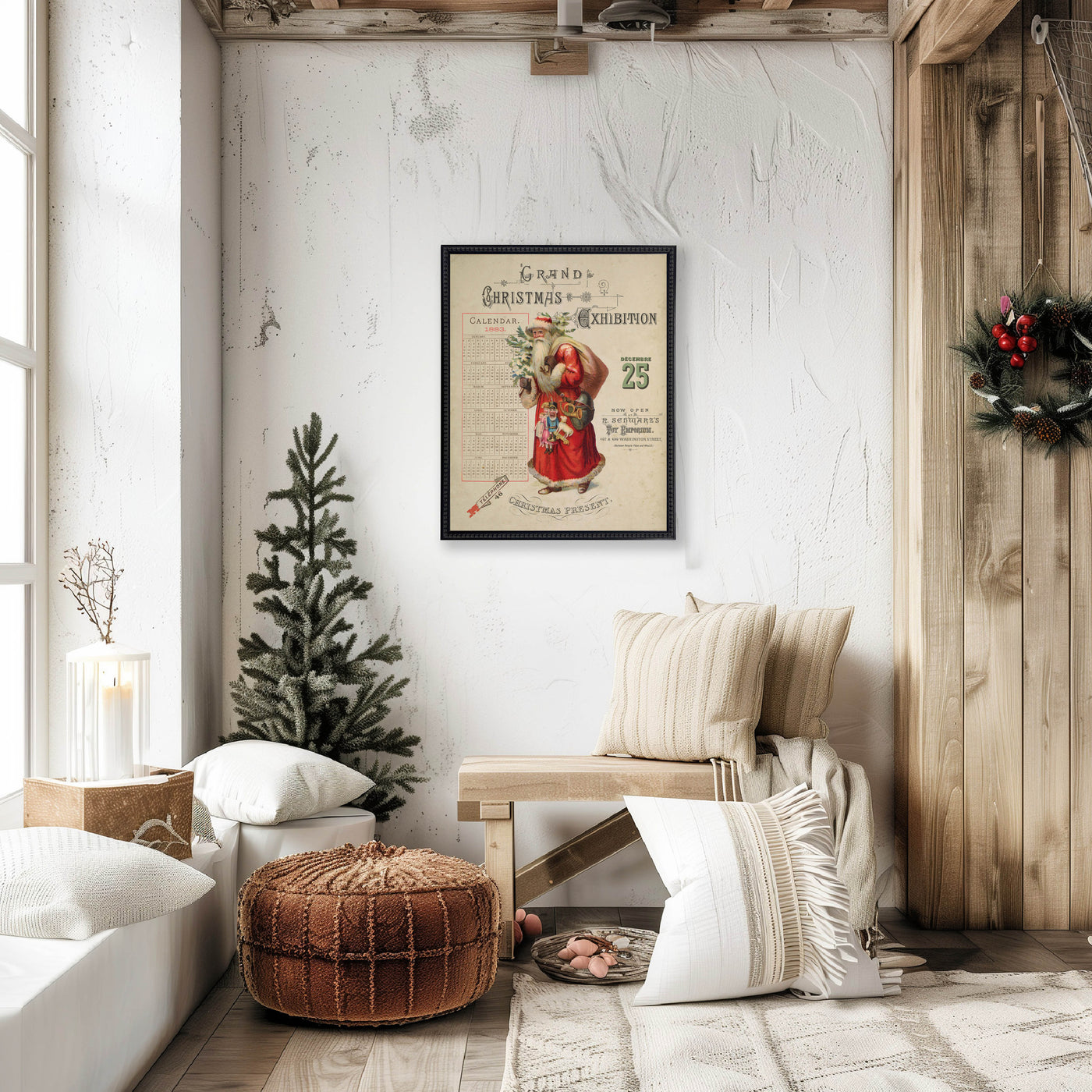 Vintage Painting of Santa on a distressed bookplate background (19"x25")